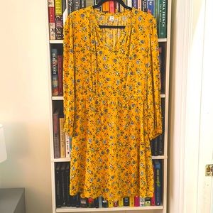 Women’s Old Navy long sleeve mustard yellow dress with blue flowers, size large